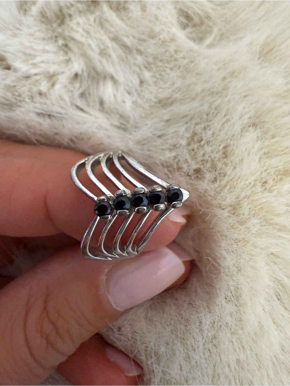 Sterling Silver Multi-Band Ring with Black Stones